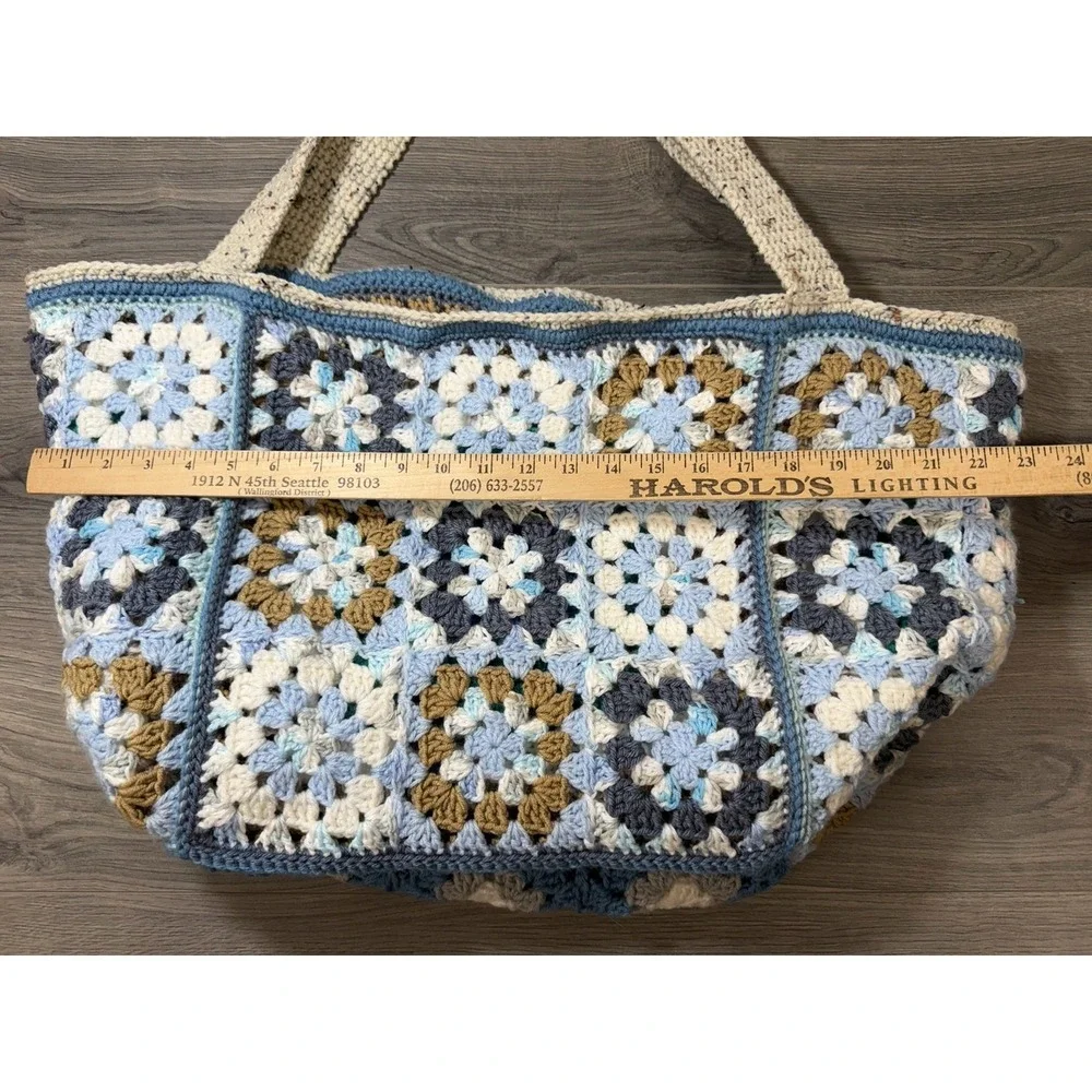 Handmade Crochet Granny Square Large Reversible Tote Bag Boho Hippie Blue Brown